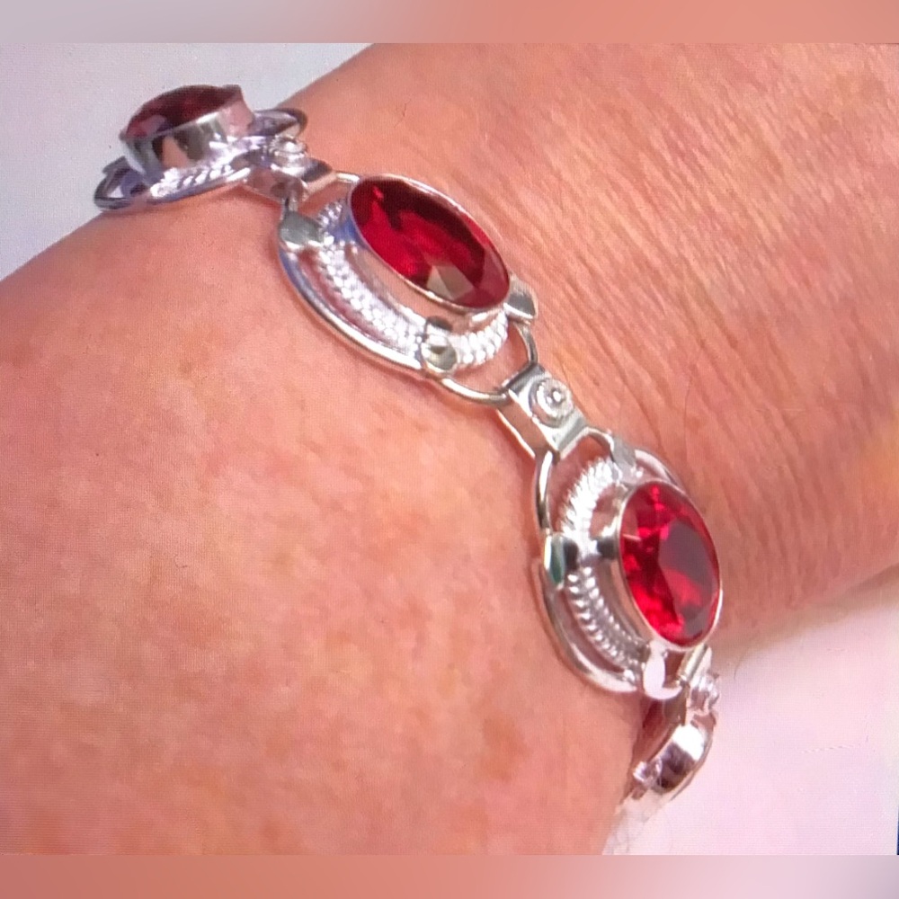 Garnet Stamped 925 Sterling Silver Bracelet